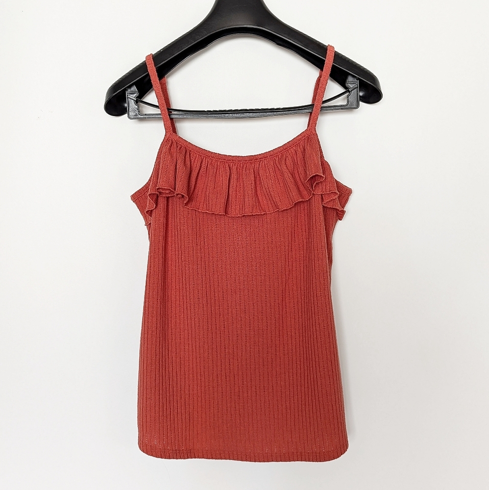 Maurices - Tank Top Ruffled Spaghetti Strap Terracotta Orange Rib Knit Small